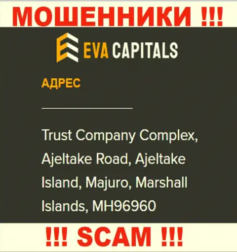 На веб-портале EvaCapitals указан офшорный юридический адрес организации - Trust Company Complex, Ajeltake Road, Ajeltake Island, Majuro, Marshall Islands, MH96960, будьте весьма внимательны - это мошенники