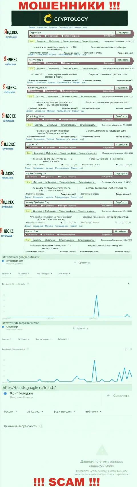 Количество поисковых запросов в поисковиках глобальной сети интернет по бренду мошенников Криптолоджи