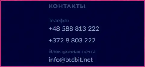 Телефон и электронный адрес онлайн обменника BTCBit Net