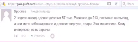 Валютный игрок Ярослав написал нелестный мнение об ДЦ FiNMAX после того как мошенники залочили счет на сумму 213 тысяч рублей